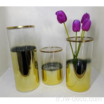 Özel Kaplama Renkli Dekorasyon Altın Silindir Cam Vazolar